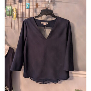 Nordstrom C&E Medium Navy Blue V Neck Peep Back Chiffon Lined Blouse